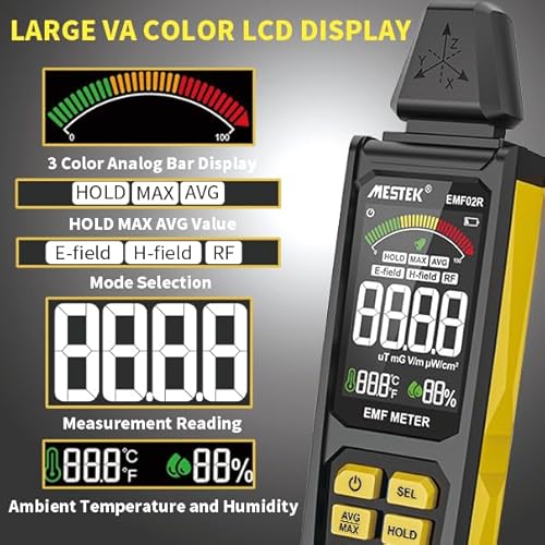 EMF Messgerät, MESTEK 5 in 1 EMF Strahlungsdetektor EF/MF/Radiofrequenz Feld Elektromagnetische,Wiederaufladbares Haus EMF Detektion