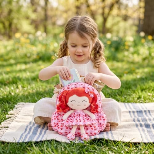 Image of Gloveleya Toddler Backpacks Baby Girl Gifts Curly Hair Plush Figures Dress Backpack - Red Head Loving Heart 11''