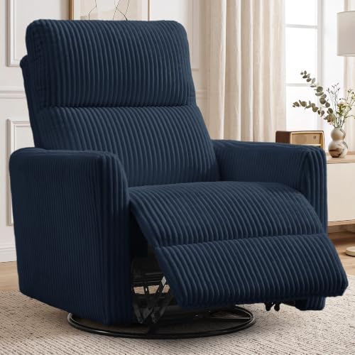 Image of Korser 360 Swivel Glider Rocker Manual Recliner, High Back Corduroy Recliner with Curved Armrests, Blue Nursery Rocking Reclining Chair for Living Room Bedroom Adults