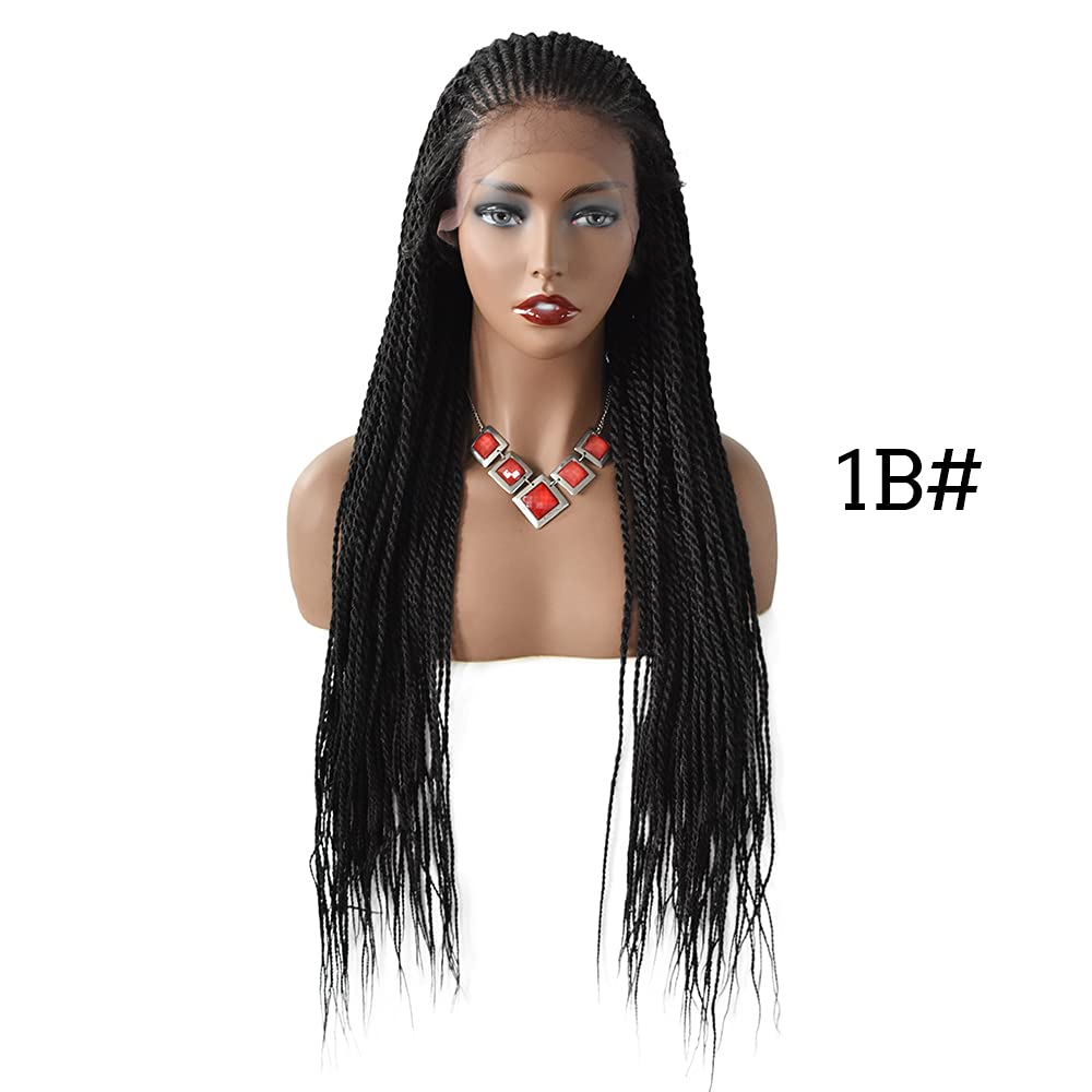 Box Braided Wigs with Baby Hair for Black Women Dutch Micro Twist Hand Braided Updo Bun Synthetic Swiss Lace Front Lightweight Cornrow Lace Braids Wig (LL30115EC, #1B Black)
