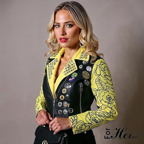ForherNYC Women's Faux Leather Moto Jacket with Pins, Studs, Belt & Floral Sleeves – Regular, Plus - 816482
