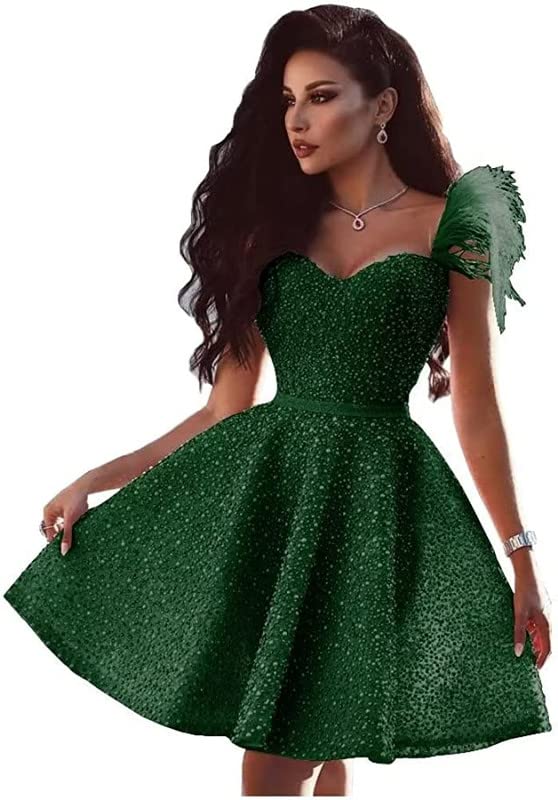 Homecoming Dresses for Teens Short Ball Gown for Girls Pearl Beaded Feather Sequin Short Cocktail Party Dress
