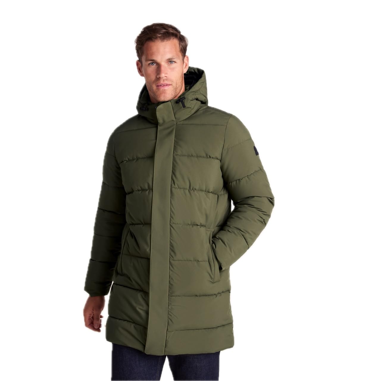 TOG24 Preece Men's Longline Quilted Winter Coat Windproof Insulated Hooded Padded Jacket Warm Thigh-Length Rain Resistant Coat for Men Khaki L
