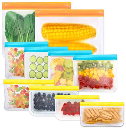 Reusable Storage Bags, 10 Pack BPA Free PEVA Resuable Freezer Bags,Reusable Gallon Bags, Reusable Sandwish Bags, Silicone Food Bags for Women, Men and Kids
