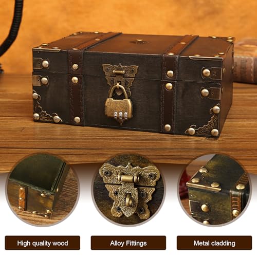 Cofre del tesoro pirata de madera vintage 9,5x6,7x3,7 pulgadas con candado de combinacion para niños 3