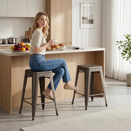Image of FDW 24 inch Metal Counter Stools Set of 4, Stackable, Bronze | Heavy-duty steel frame | X-brace support | Stackable backless design | Kitchen island, patio and bar seating