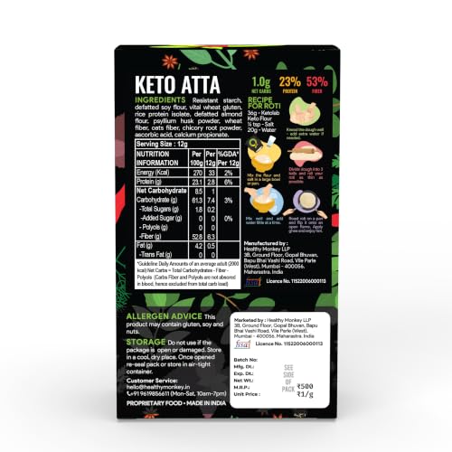 Image of Ketolab Keto Aata Flour, 200 Gms, 1 Pack, 1g Net Carb & 23% High Protein /Soft Roti, Identical to Wheat Flour, Ultra Low Carb, Pre-Biotic High Fibre, Low GI, Keto Diet, Weight Loss, Diabetic Friendly
