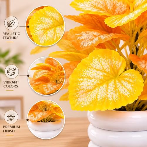 Image of Artificial Mini Potted Plant with Premium White Ceramic Style Pot - Vibrant Orange-Yellow Faux Desk Plant for Home Decor, Office Table, Living Room & Study Room Aesthetic, Washable & Zero Maintenance