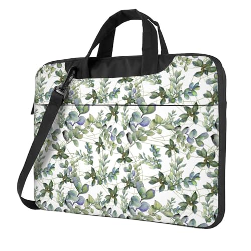 Housse ordinateur 14 pouces avec bandoulière et poche motif eucalyptus vert