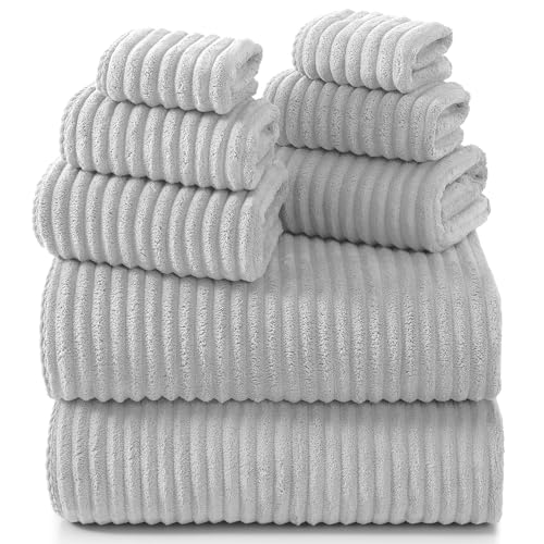 REDKISS Gray Bath Towels Set 8 Piece - Microfiber Bathroom Towels of 8 Large Highly Absorbent Bath Towel Soft Shower Towel for Bathroom Hotel 2 Bath Sheet 2 Hand 2 Washcloths 2 Hair Towel Wrap