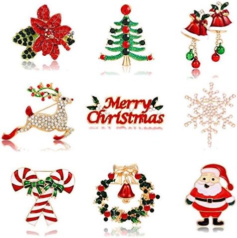 9PCS Christmas Brooch Pins for Women Xmas Tree Deer Wreath Bell Snowflake Brooches Set Festive Holiday Ornaments Party Gift Costume Jewelry Set