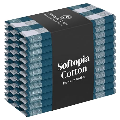 Image of Gingham Checked Kitchen Dish Towels 12 Pack, 18 inchx26 inch, 100% Cotton, Quick Dry Wash Rags, Reusable Dishcloths Set, Machine Washable, Absorbent Hand Towel - Teal Green, White