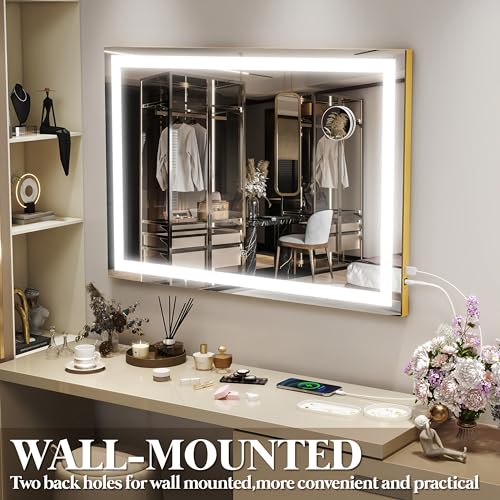 FENNIO Vanity Mirror with Lights 32"x22", Lighted Makeup Mirror, Large Vanity Mirror, Touch Sensor with 3-Color Lighting, 10X Magnification and USB Charging Port for Vanity Desk(Square Gold)