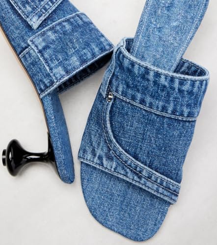 Women's Square Toe Mules Denim Kitten Heel Slides Comfortable Summer Sandals Casual Dressy Slippers For Party Wedding Office4