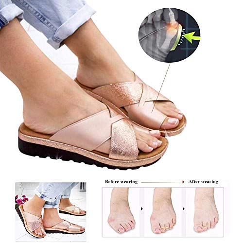 W&TT Zapatos Sandalias de Mujer Cómodos Plataforma, Sandalias Chanclas Verano Zapatos de Punta Abierta con Corrección de Juanetes para Playa Viajar Casa,Gold,36