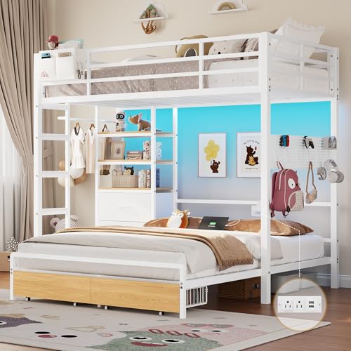 DICTAC Twin Over Full Bunk Bed with Storage and Bookshelf