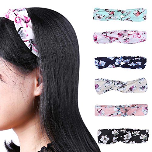 6 Pack Headbands Flowers Printed Vintage Elastic Head Wrap Stretchy Moisture Hairband Twisted Cute Hair Accessories for Teens Girls Women Adults, Assorted Colors (6 Pack)
