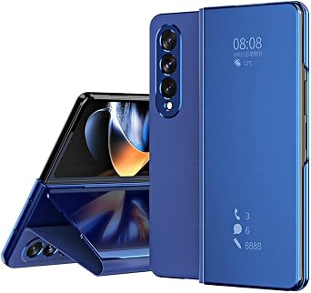 6Colors Mirror Clear View Flip Case for Samsung Galaxy Z FOLD 2 3 4 5 6 W21 W22 W23 W24 PU Leather St Protection Cover,Blue,for Z Fold 3 5G