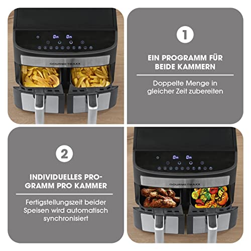 GOURMETmaxx Doppelkammer-Heißluftfritteuse 2x 3,5L - Edelstahl | Airfryer mit Synchro-Garzonen, Timerfunktion & Touchdisplay | energiesparend frittieren | 10 Programme | 2400 Watt – Bild 4