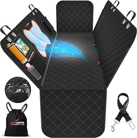 Image of Dog Car Seat Covers, 600D Heavy Duty 100% Waterproof, Nonslip, Zipper Design seat Protector, Mesh Window, Perfect Dog Hammock for Car Backseat, SUVs, Sedans & Truck (Black, Flat Bone Mesh)