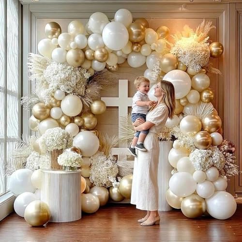 Image of White Gold Balloon Arch Double Stuffed Pearl White Sand Cream Gold Chrome Balloon Garland Kit for Graduation Baptism Birthday Baby Shower Wedding Party Decorations