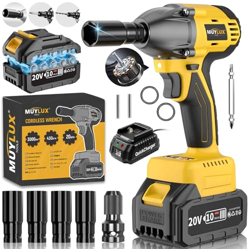 Muylux 4.0Ah Battery Cordless Impact Wrench, Brushless 1/2 Impact Gun, 320Ft-lbs(430N.m) 20V High...