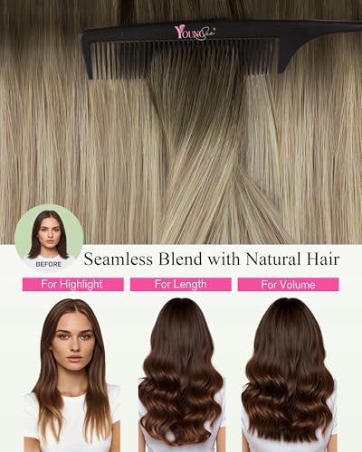 Image of YoungSee Hair Extensions Tape in Ombre, Tape in Extensions Balayage Brown with Blonde, Tape ins Human Hair Extension, Short Straight Hair, 12In 30g 20pcs