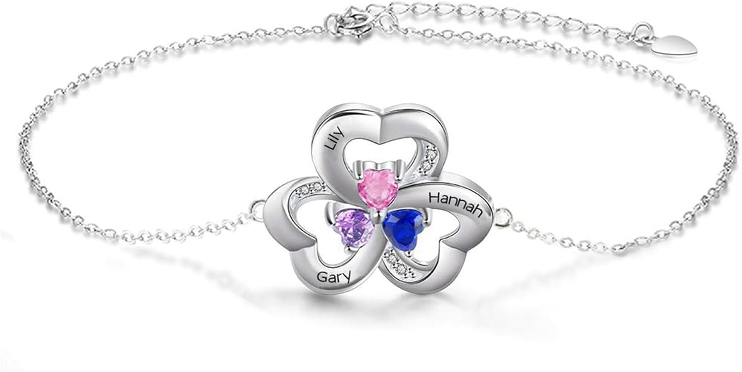 Personalized Mother Name Bracelet with 1 to 5 Birthstones & Engraved Names Custom Heart Bracelets for Mother's Day Women