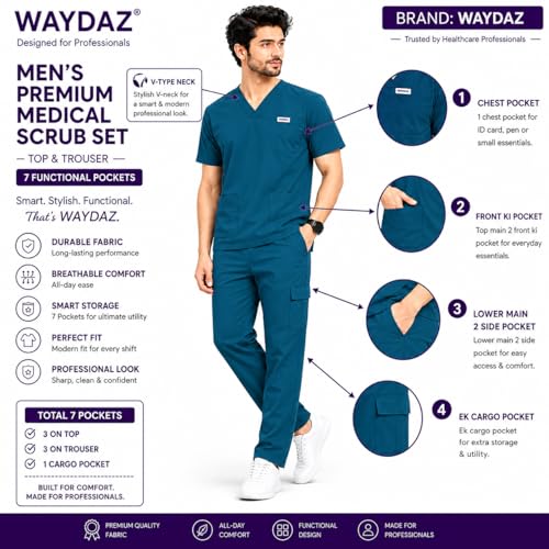 Image of Unisex Medical Scrub Suit Set, V-Neck Top with Pants, Short Sleeve, Polyester Cotton Blend, 7 Pockets, Regular Fit, Hospital Doctor Nurse Uniform