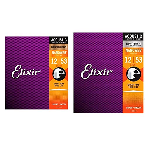 Elixir 16052 Strings Phosphor Bronze Acoustic Guitar Strings w NANOWEB Coating, Light (.012-.053) & Strings 80/20 Bronze Acoustic Guitar Strings w NANOWEB Coating, Light (.012-.053)