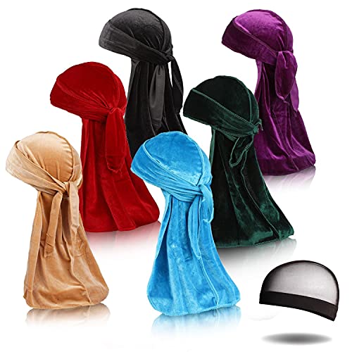LEADUWAY 6Pcs Velvet Durag with 1 Wave Cap for 360 Waves Doo Rag(Khaki, Purple, Dark Red, Dark Green, Blue, Black,)