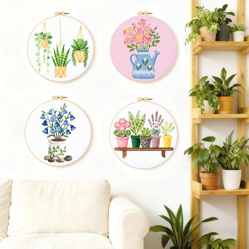 Image of BEUNITONE 4 Set Embroidery Kit for Beginners, Vase Plants Cross Stitch Kits, Needlepoint Kits for Adults with Instructions and Full Kit, Creative Hand Embroidery Patterns for Cloth and Home Decor