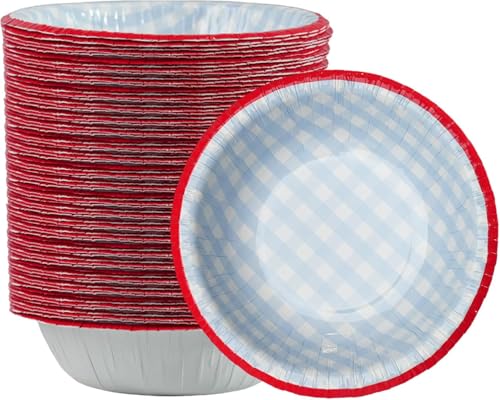 Cherypick Suppenschalen Einweg 50 Stück 240 ml Pappschüsseln im karierten Design auslaufsicher schnittfest und mikrowellengeeignet für Picknick Camping Büro Familienessen und Partys (Blau)
