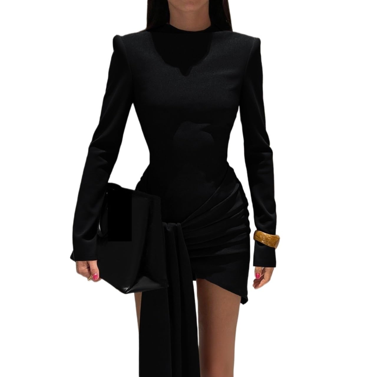 HENGEN 2025 Autumn Winter Long Sleeve Commuter Style Float Belt Half High Collar Slimming Bottom Dress