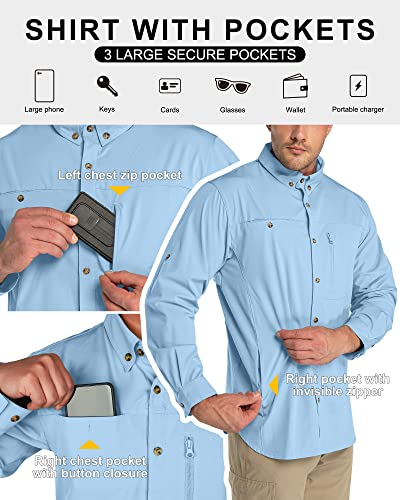 33,000Ft Men's Upf 50+ Uv Protection Long Sleeve Hiking Shirts Breathable Quick Dry Fishing Shirts For Safari, Outdoor Light Blue #TOP1
