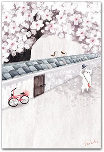 Amazon ワタナベサチコポストカード 桜と白壁 猫の絵葉書 ポストカード 絵柄付はがき 文房具 オフィス用品