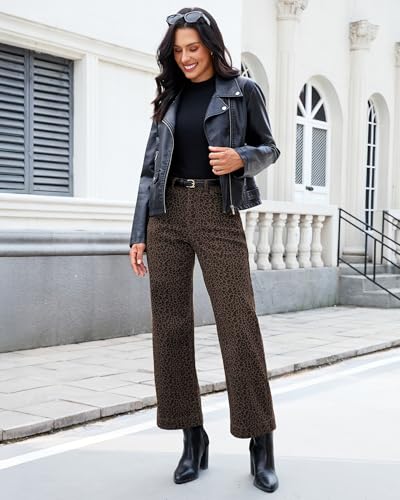 luvamia Wide Leg Jeans Woman Trendy High Waisted Leopard Cheetah Print Ankle Length Stretchy Denim Pants with Pockets