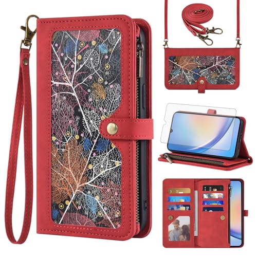 Asuwish Coque pour Samsung Galaxy A34 5G Portefeuille avec Verre Trempé et Cordon Porte Carte Chaine Cuir à Clapet Étui Housse Support Galaxie A 34 G5 34A...