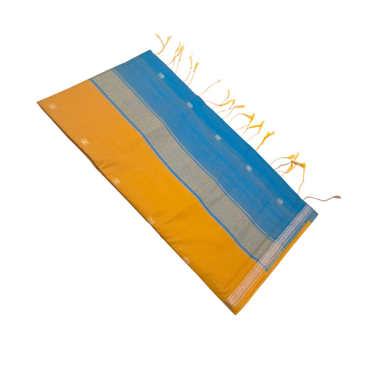 Sri Amman Sarees - Womens Self Design Maheshwari Cotton Small Jari Border Sarees With Butta's Grand Jari Contrast Pallu With Running Contrast Blouse (Mustard with Skyblue)