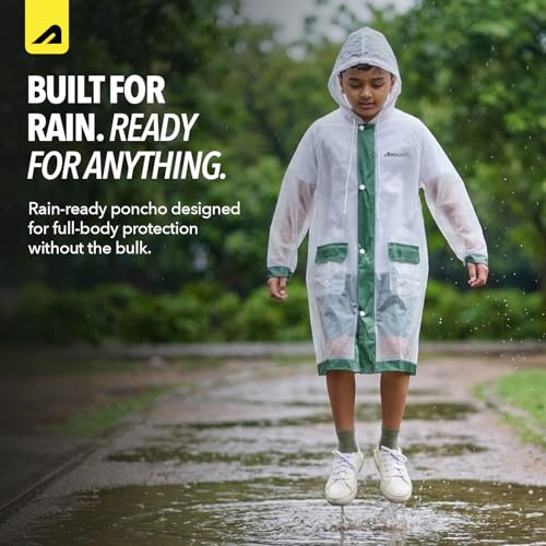 Image of Boldfit Raincoat for Kids Smart Back Long Raincoat with Hood Waterproof Rain Coat for Boys & Girls Lightweight School Poncho Jacket with Pockets & Buttons