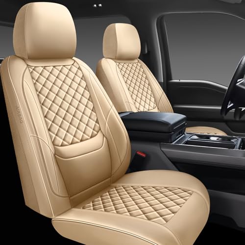WENNFOUR Full Coverage Leather Car Seat Covers Full Set,Waterproof Seat Covers for Cars,SUVs Trucks, Car Seat Cushion,Car Seat Protector with 5 Seats (Beige, Full Set(Front and Rear-5 Seats))