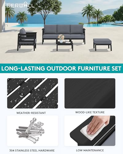 Image of SERWALL HDPE Patio Furniture Set, 6 Pieces Outdoor Sectional Sofa Set | All-Weather Wood-Like Outdoor Sofa Couch with Coffee Table, Modular Design for Flexible Combination