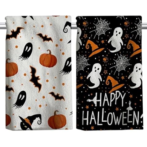 HINGTAI 2Pcs Halloween Kitchen Towels, Halloween Scary Ghost Pumpkin Hand Towels Drying Cloth Towel Halloween Hand Dish Towels for Kitchen Home, Living Room Dining Room Table Decor 18x26 Inch Cover