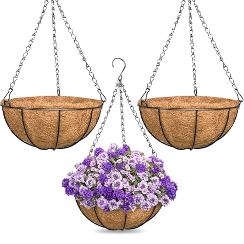 ZeeDix 3 Pack 16 Inch Large Hanging Baskets for Plants Outdoor with Coconut Liners Replacement Hanging planters Baskets with Natural Coco Liner for Outdoor Indoor Planters Flowers Vegetables