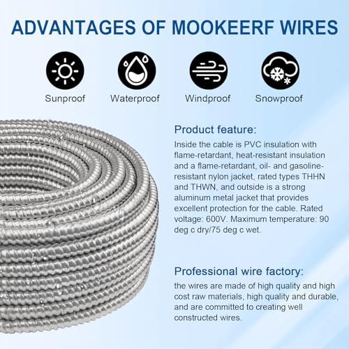 Image of 10 /2 MC Cable with Ground - 15FT Pure Copper 10AWG /2 Metal Clad Wire with Aluminum Armor 10 Gauge 2 Conductor Type MC Alum Cable