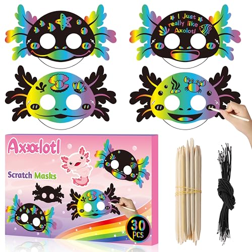 B1ykin 30Pcs Axolotl Scratch Mask Gift Set, DIY Magic Scratch Axo...