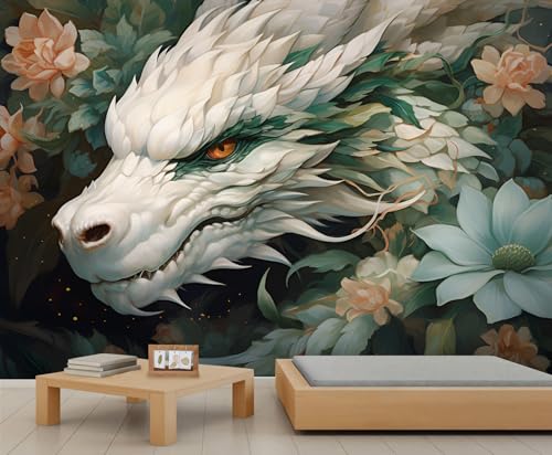 KIRESEI Epic Dragon Wall Mural, Flying Wyrm Art Decor Photo, Floral Drake Custom Wallpaper for Home Nursery Kitchen Sofa TV Backgrounds (Non-self-Adhesive)