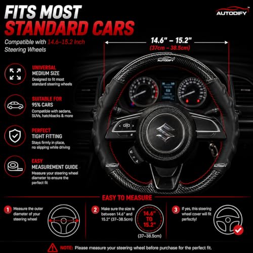 Image of Stitchable Carbon Fiber Steering Wheel Cover for Car - Leather Anti-Slip Grip, Universal Fit, Durable & Breathable Steering Wheel Protector, Easy Hand Stitch Install (Black with Red Stitch)