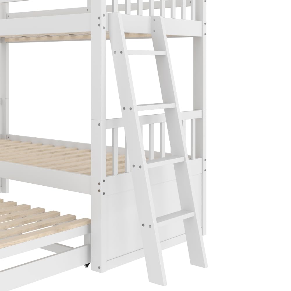 Litera infantil de 90x200cm con escalera, cama extraíble y 3 cajones, estructura de pino y MDF, barandilla alta, convertible en 2 camas individuales, colchón no incluido, Blanco