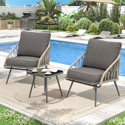 COMLAX FIELD 3 Piece Patio Bistro Set, Outdoor Apartment Balcony Furniture Sets, Woven Rope Chairs with Cushions and Coffee Table Set of 2 for Porch Backyard Lawn Poolside Deck, Grey